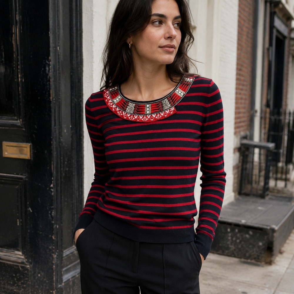 Altuzarra Embellished Collar Striped Cotton Sweater Navy Red Made Italy XS